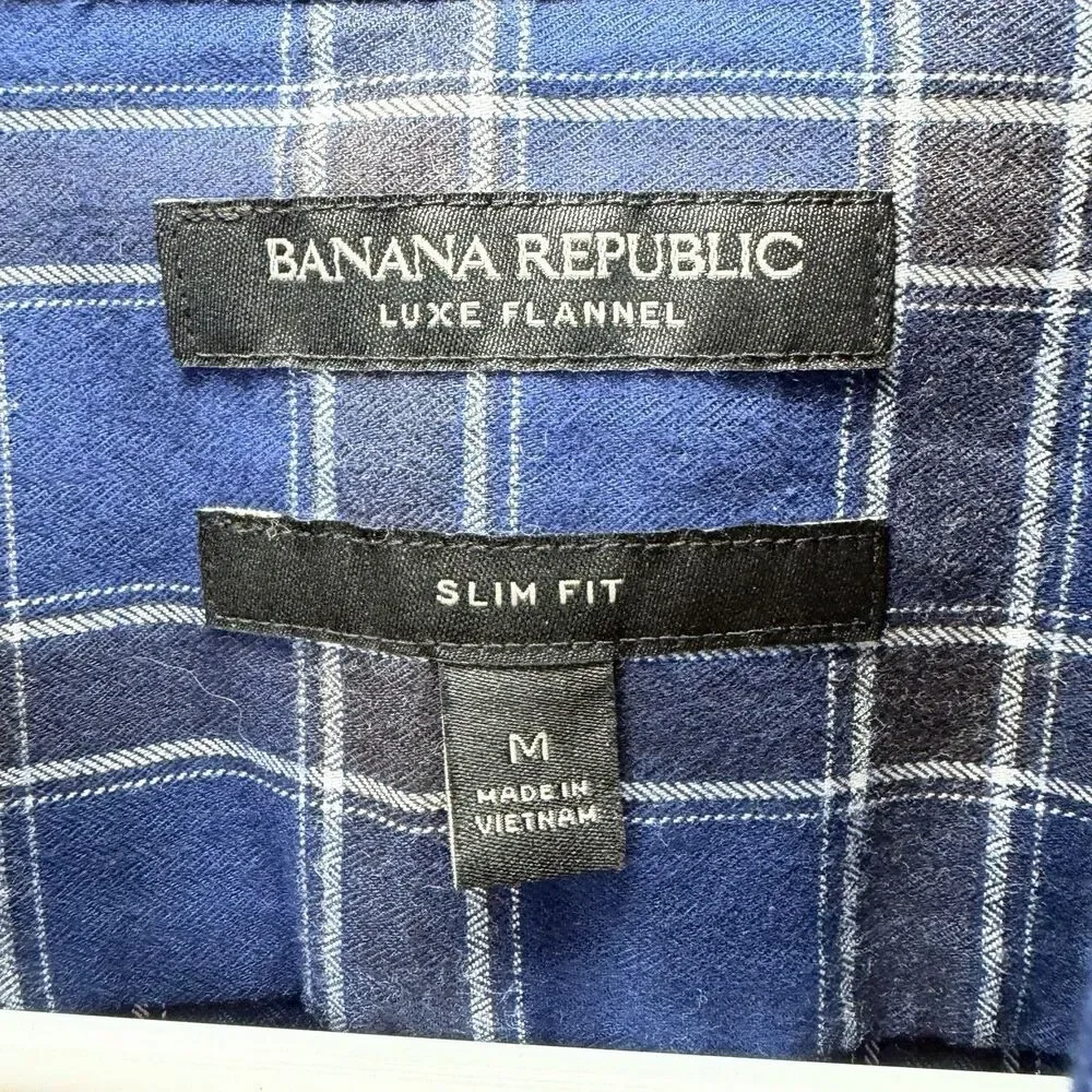 Banana Republic Luxe Flannel Slim Fit Button Down Shirt Mens Blue Black Plaid